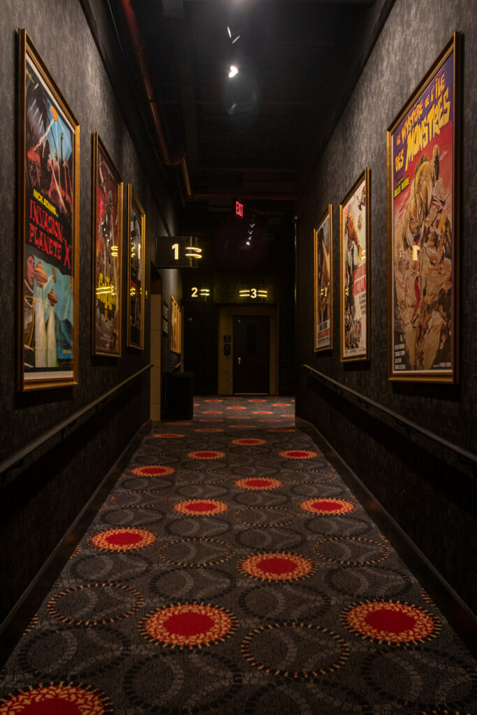 Dark theater hallway lined with movie posters and colorfully carpeted.
